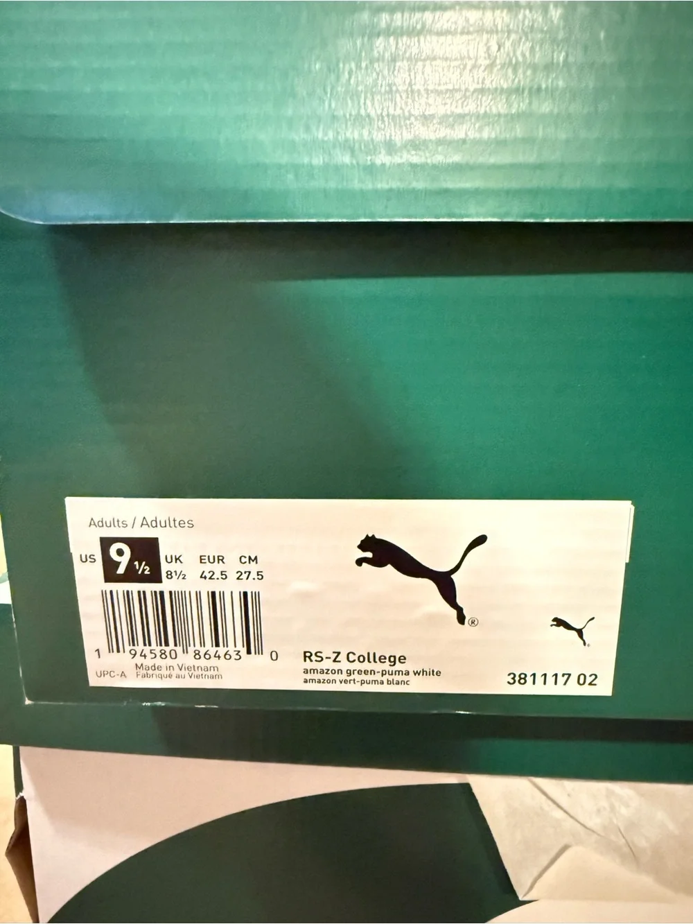 Puma Amazon Green & White RS-Z College Sneakers (Men’s 9.5)